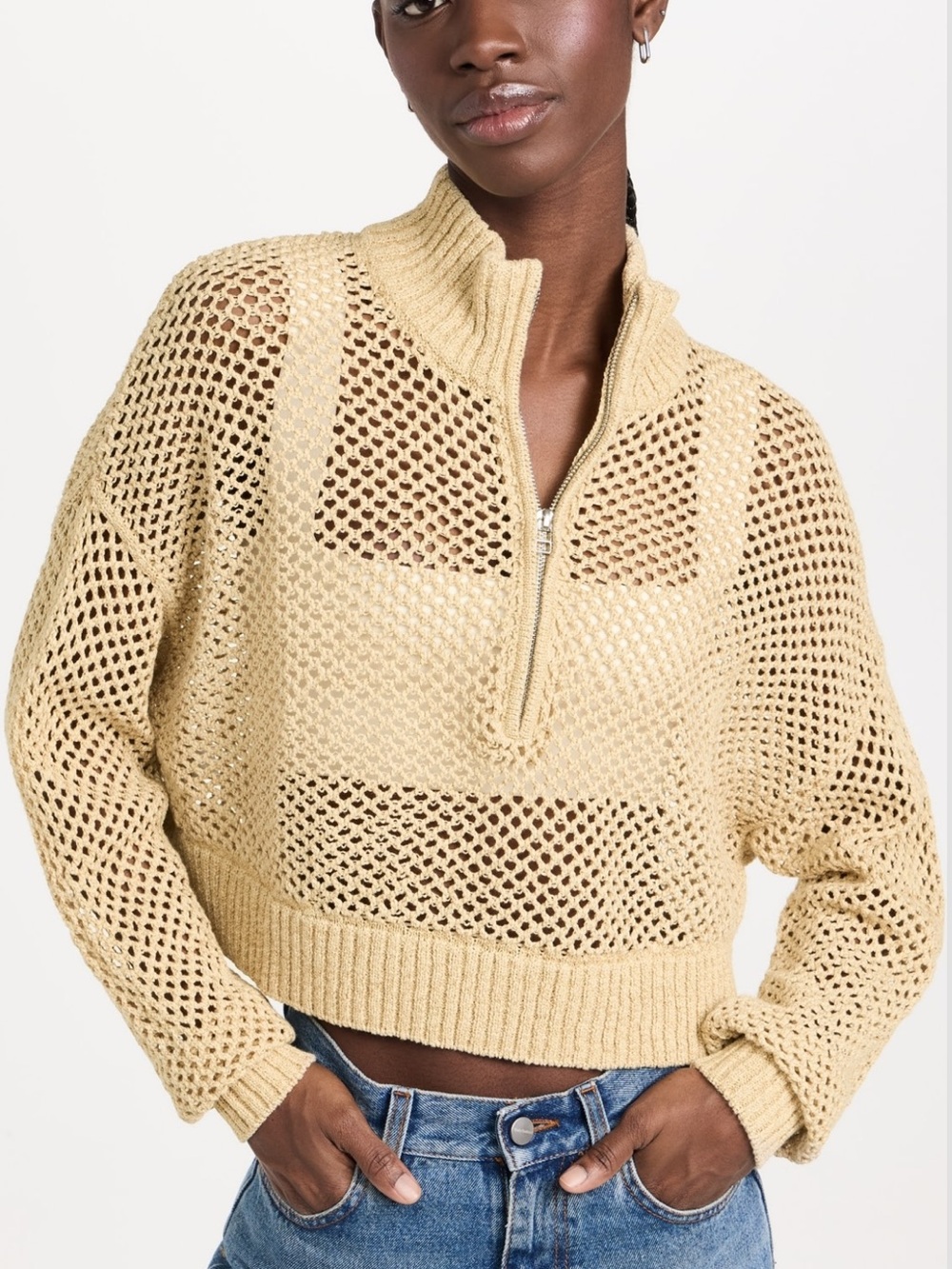 STAUD Beige Open-Knit Half-Zip Cropped Sweater